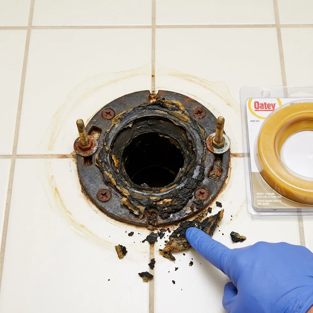 Failed wax ring showing water seepage at the base of a toilet in a Petal, MS home