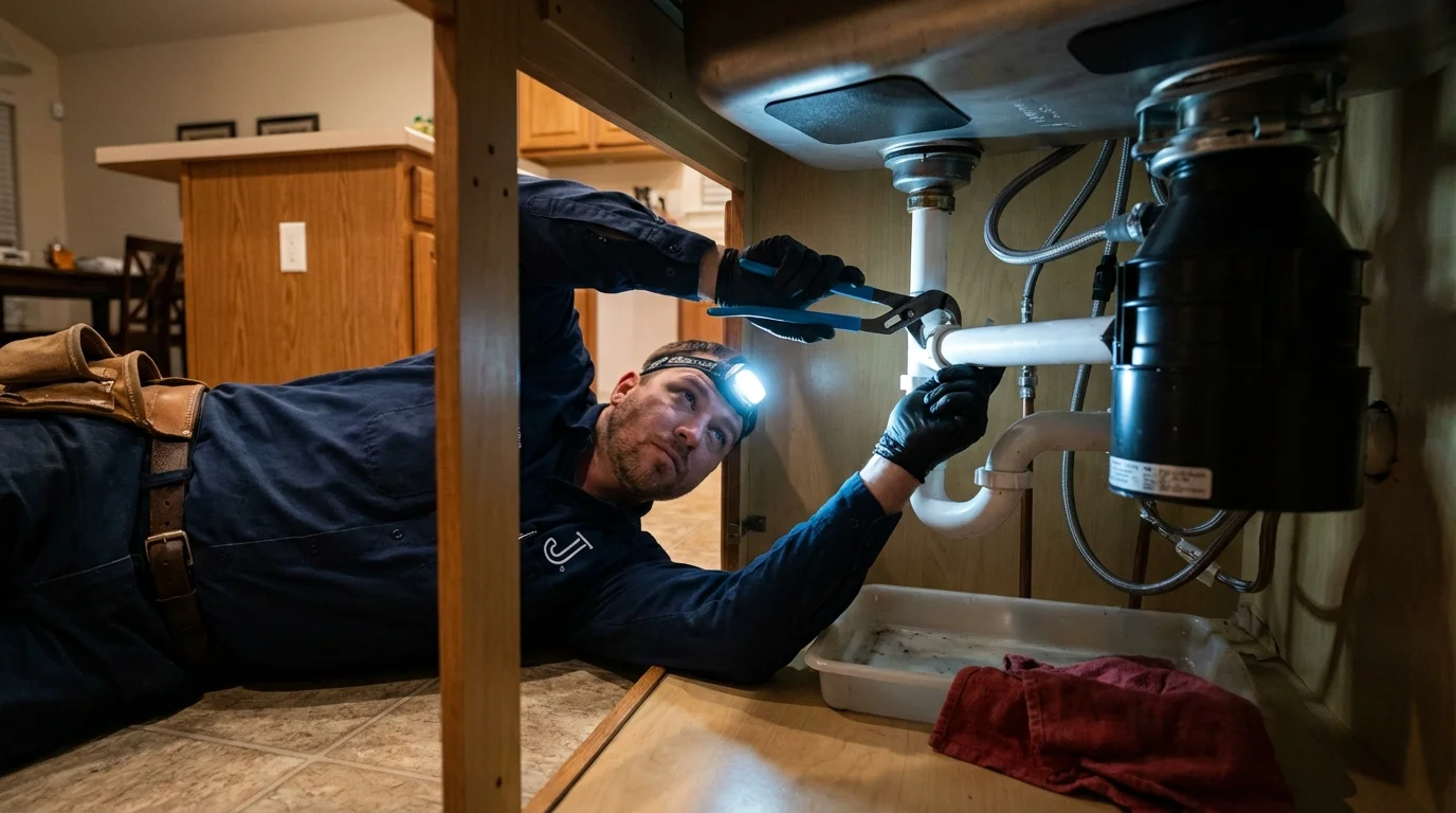 P-trap and supply line connections under a kitchen sink showing a common leak point in Petal, MS
